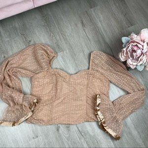 Nordstrom Love X Design PLEATED MESH TOP Cropped Zip Back Long Sleeve L